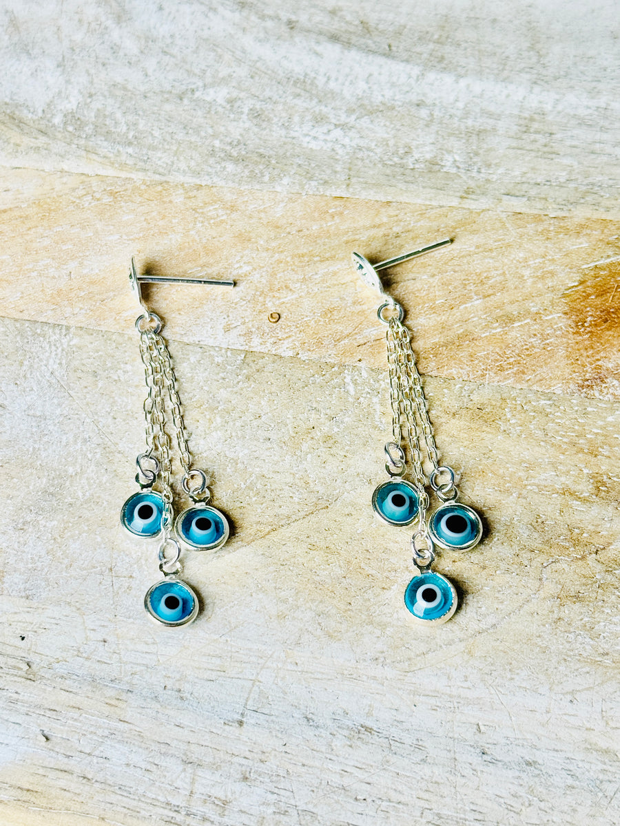 Silver Plated Palladium Light Blue Evil Eye Chandelier Earrings