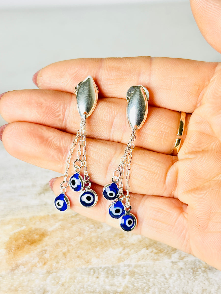 Silver Plated Palladium Navy Blue Evil Eye Chandelier Earrings