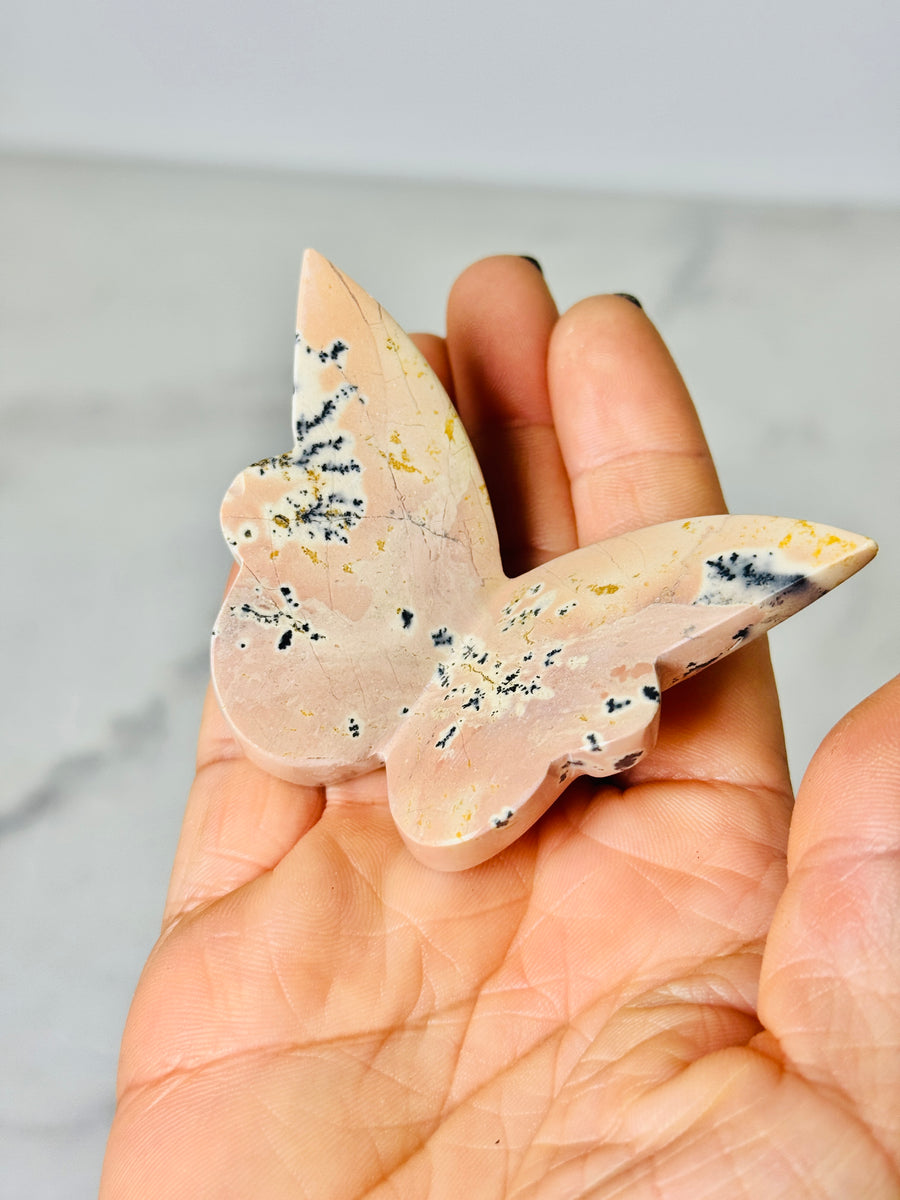 Pink Dendritic Agate 3D Butterfly Carving