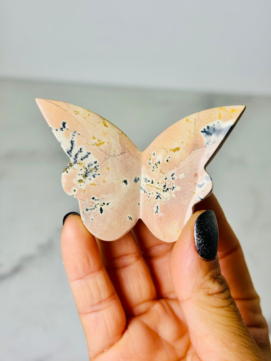 Pink Dendritic Agate 3D Butterfly Carving