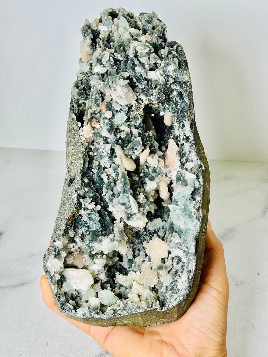 Black Chalcedony with Peach Stilbite, Clear & Green Apophyllite