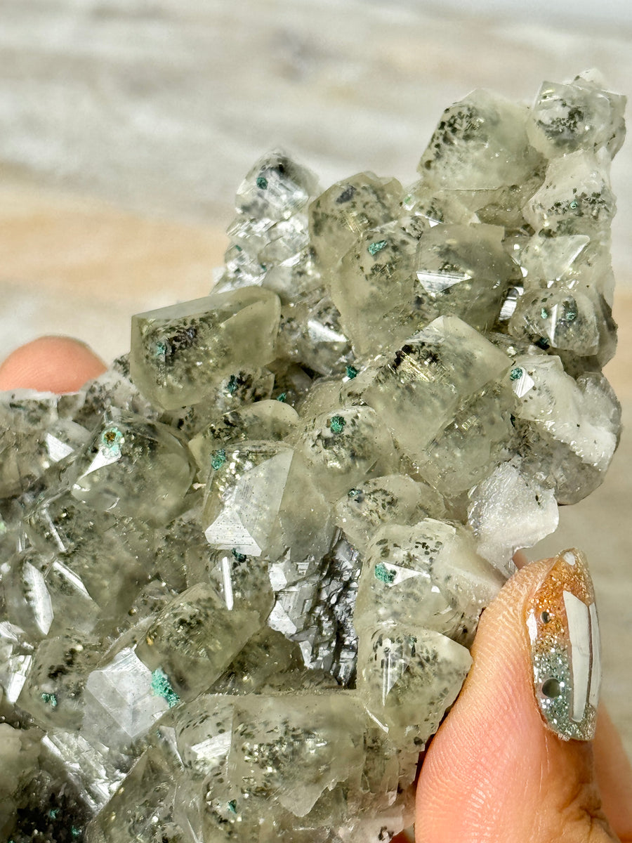 Calcite with Pyrite & Malachite from Henzhan Mine, China