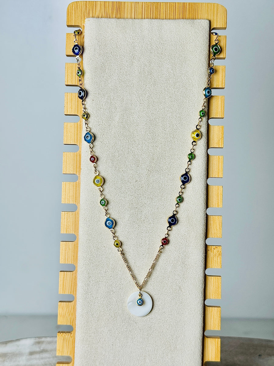 18k Gold Plated Over Palladium Multi-Color Evil Eye Necklace with Mother of Pearl Pendant