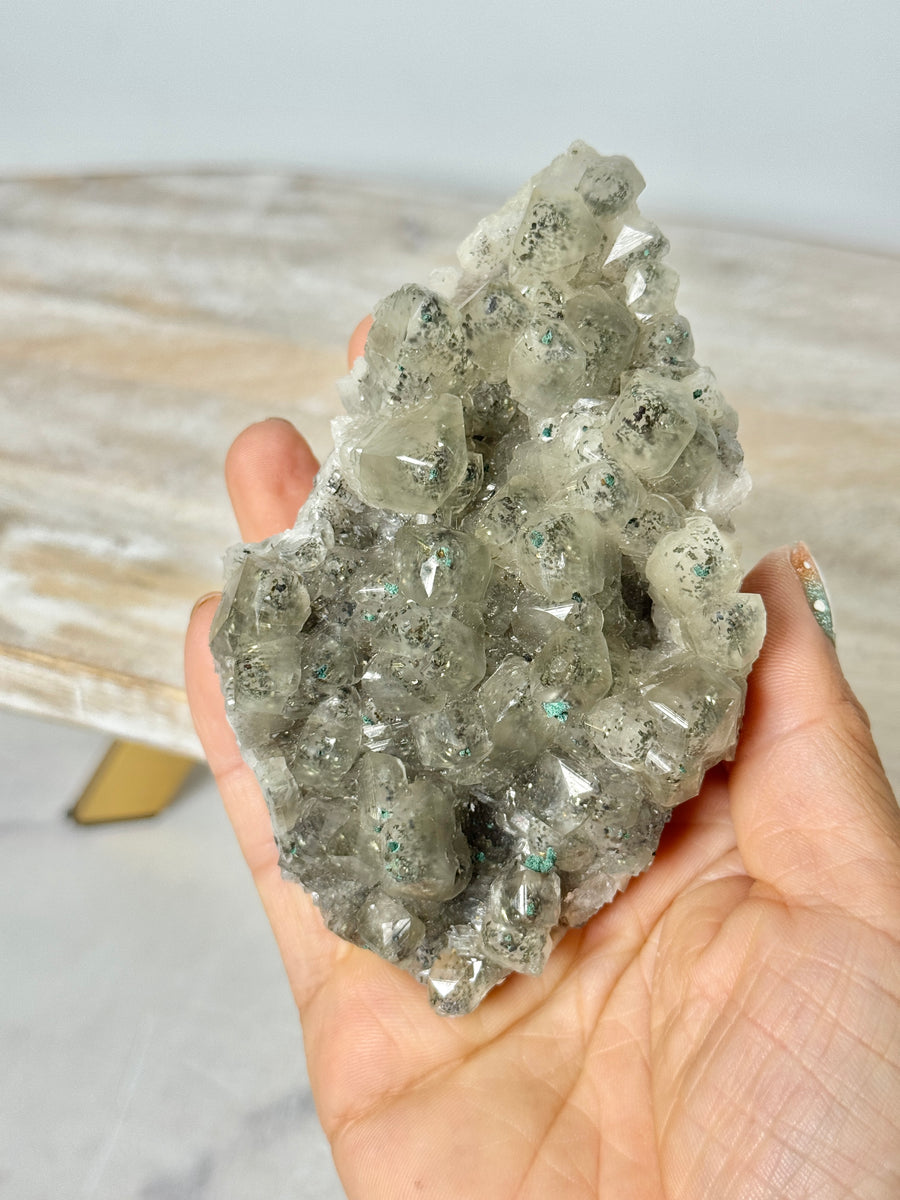 Calcite with Pyrite & Malachite from Henzhan Mine, China
