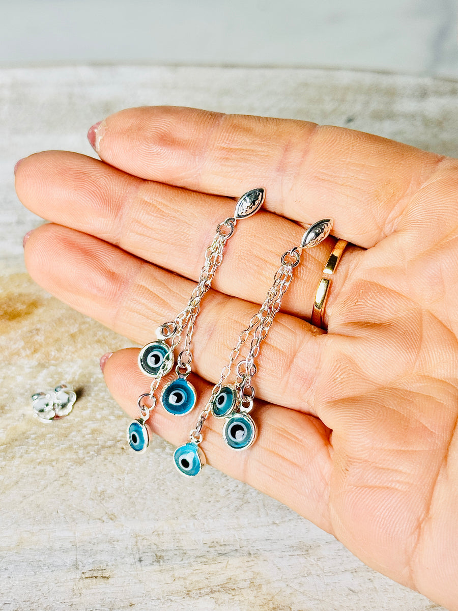 Silver Plated Palladium Light Blue Evil Eye Chandelier Earrings