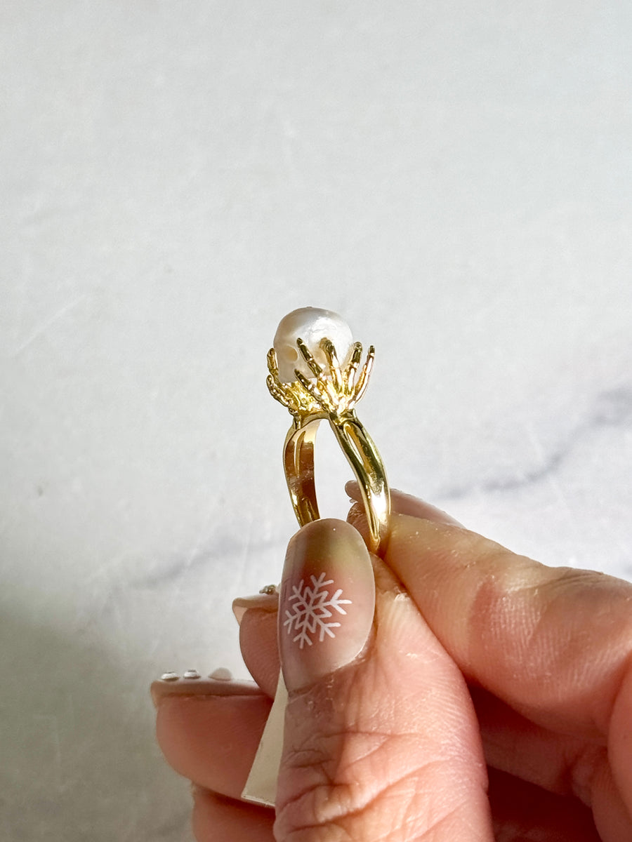 Fresh Water Pearl Skull Gold Plated 925 Sterling Silver Ring