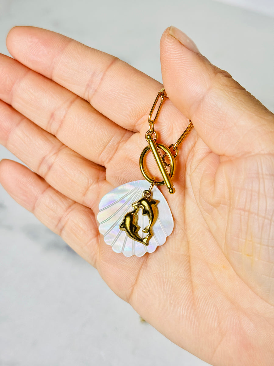 “Ocean Harmony” Gold Plated Dolphin & Mother of Pearl Toggle Necklace