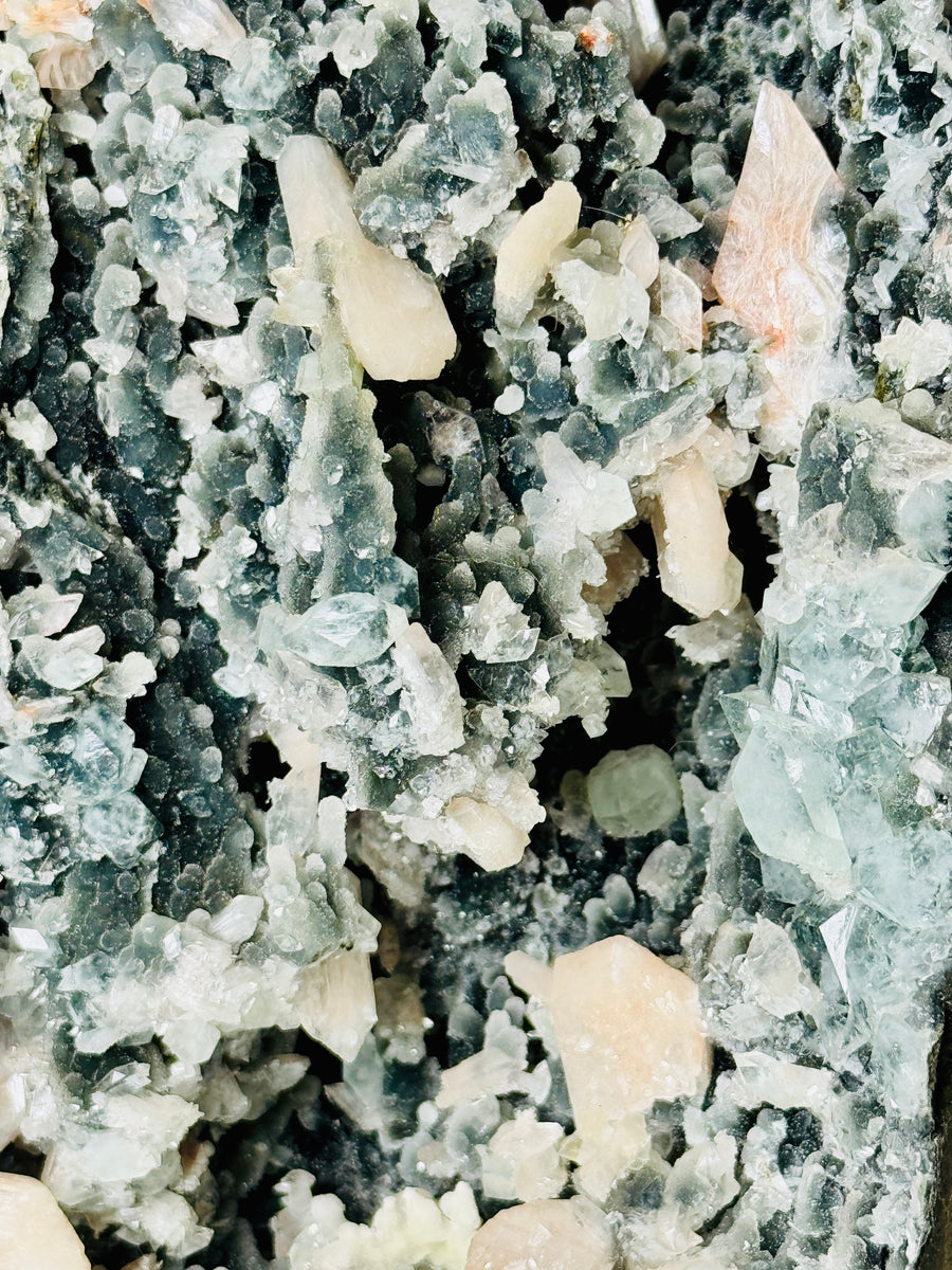 Black Chalcedony with Peach Stilbite, Clear & Green Apophyllite