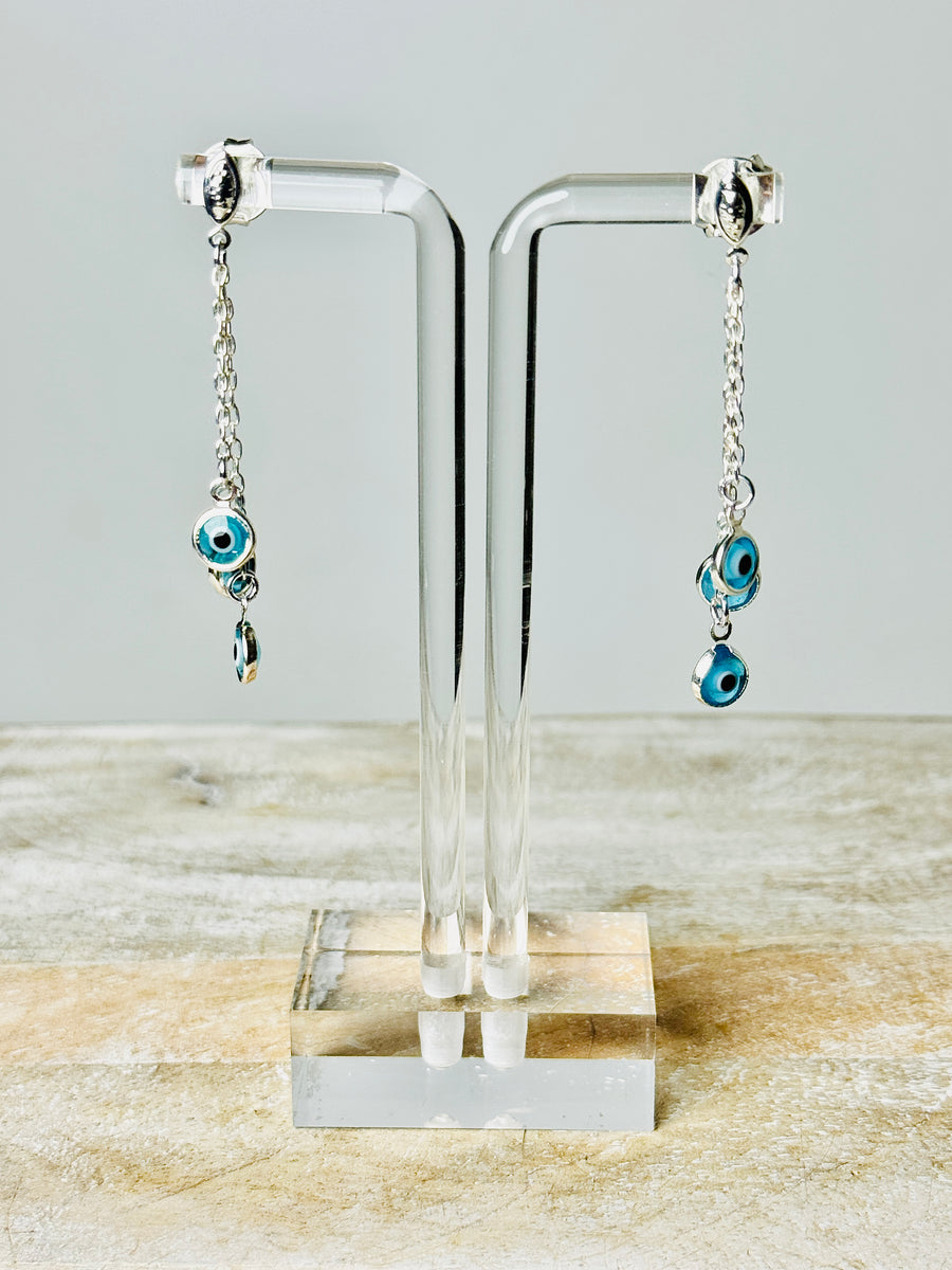 Silver Plated Palladium Light Blue Evil Eye Chandelier Earrings