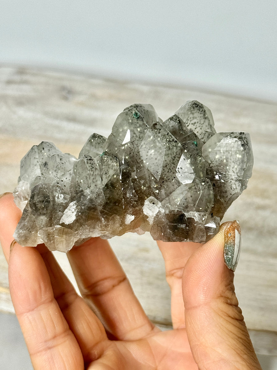 Calcite with Pyrite & Malachite from Henzhan Mine, China