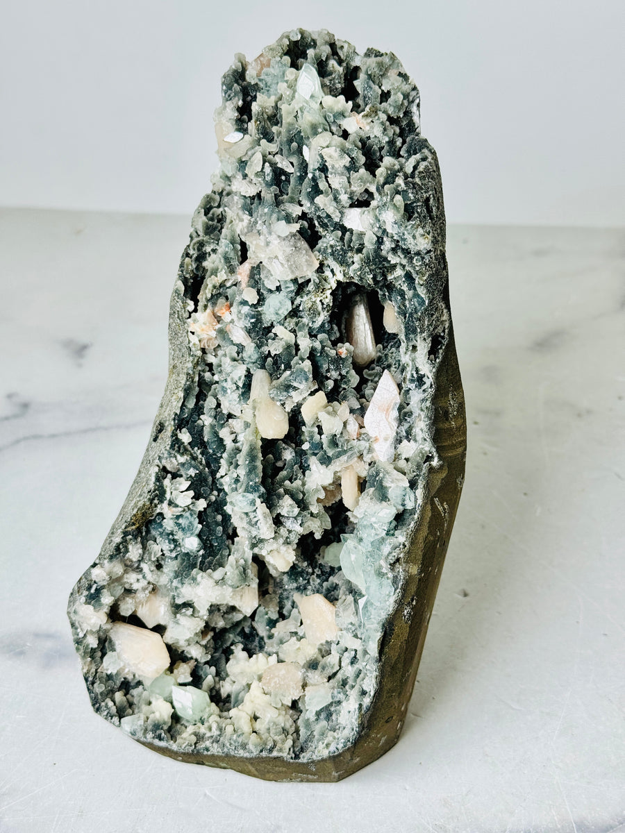 Black Chalcedony with Peach Stilbite, Clear & Green Apophyllite