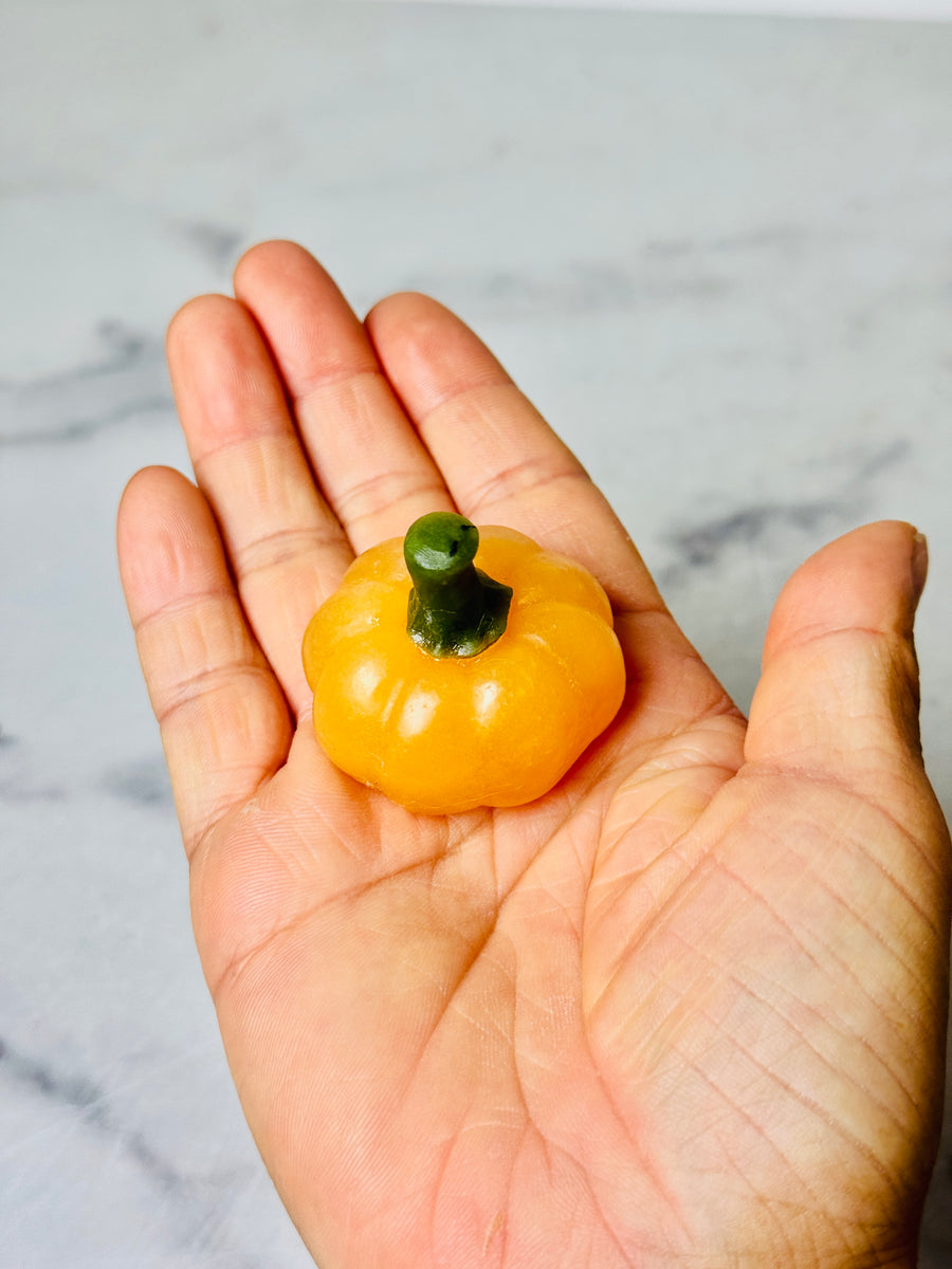 Orange Calcite Pumpkin with Green Jade Stem Carving