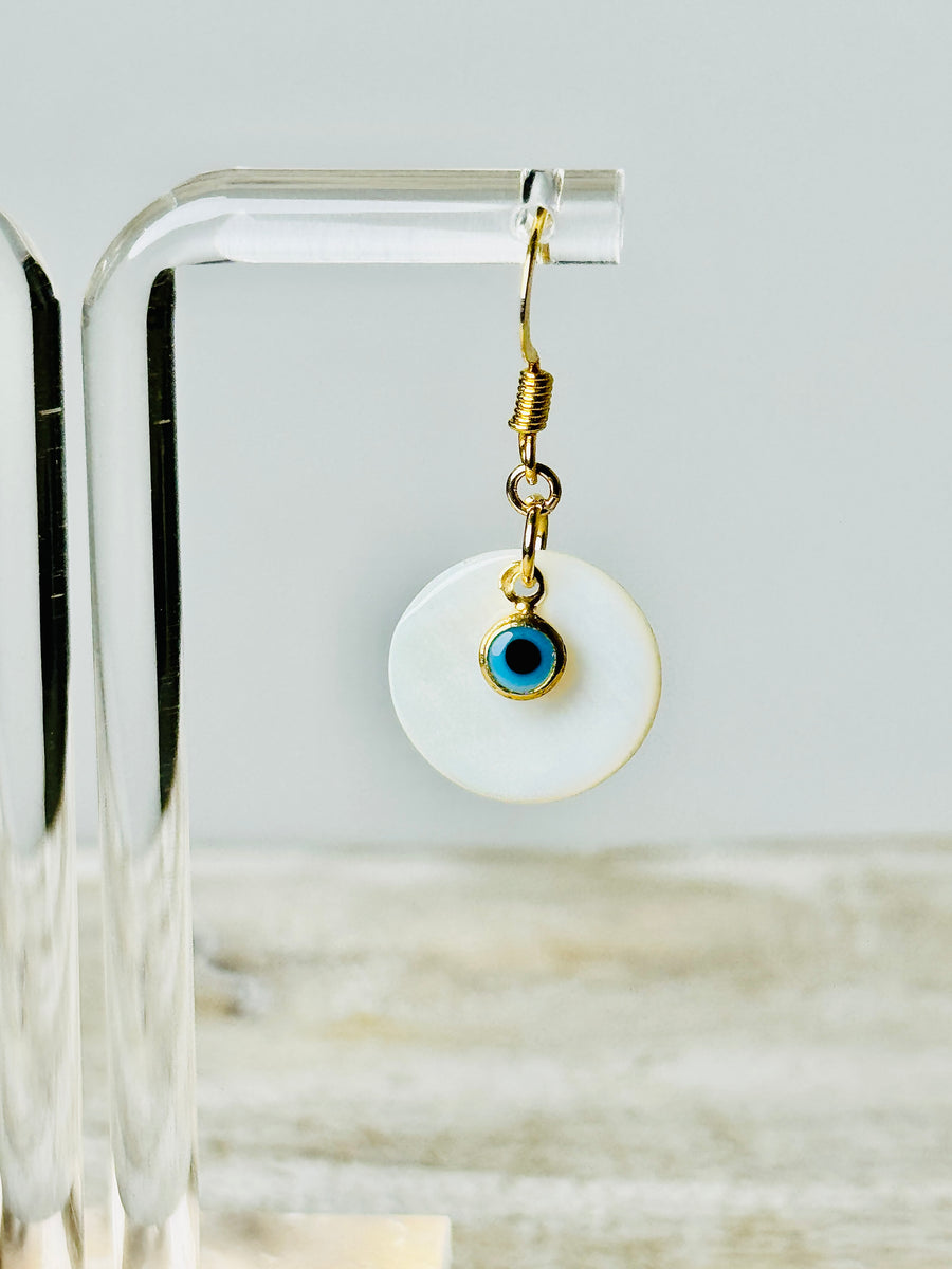 18k Gold Plated Palladium Light Blue Evil Eye with Mother of Pearl Earrings