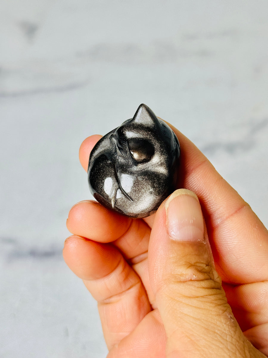 Silver Obsidian Sleeping Cat Carving