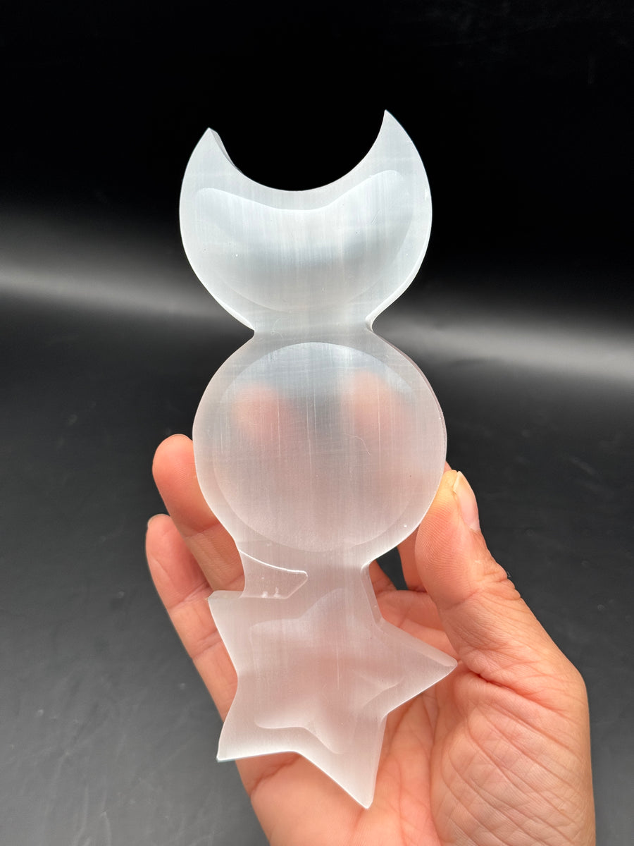 Satin Spar Moon and Star Plate Carving