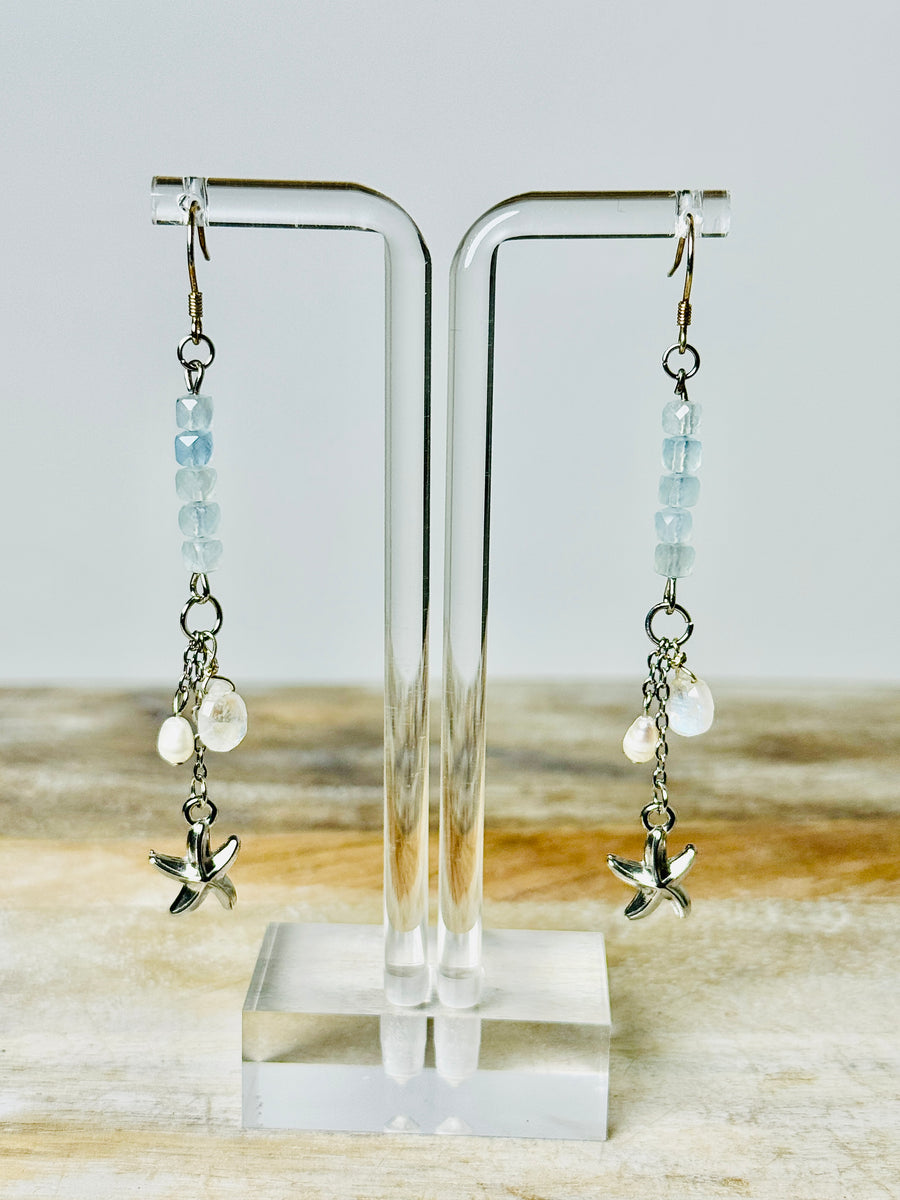 “Moonlit Tides” Aquamarine & Moonstone Chandelier Earrings