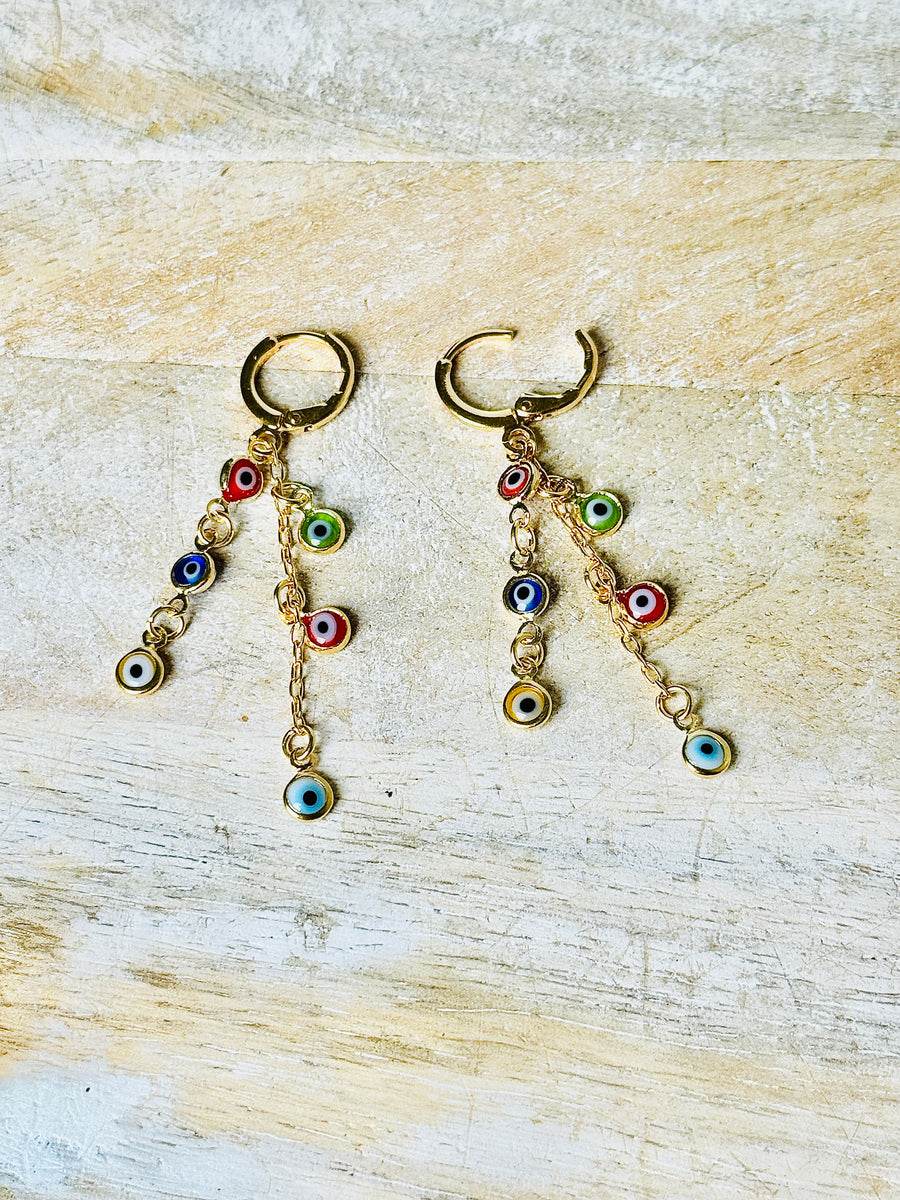 18K Gold Plated Palladium Multi-Color Evil Eye On Mini Hoop Earrings