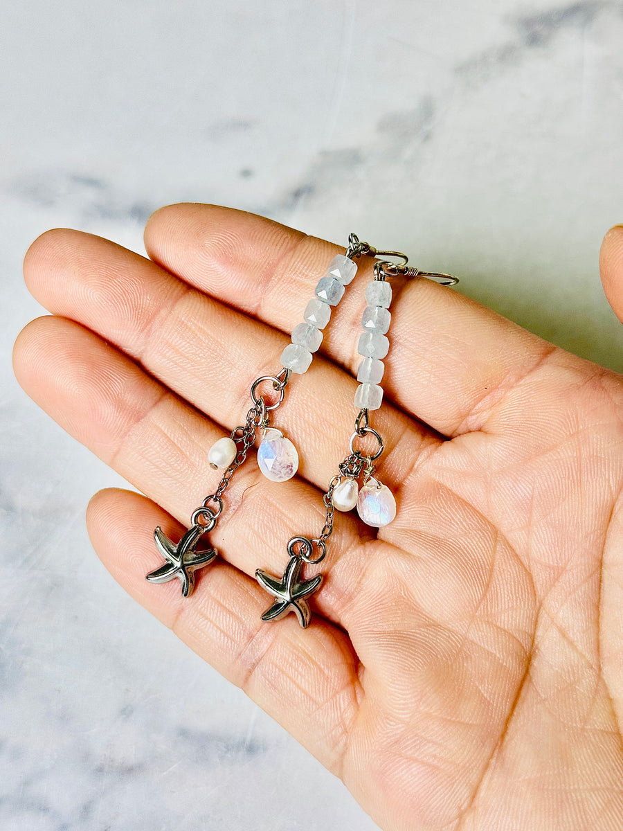 “Moonlit Tides” Aquamarine & Moonstone Chandelier Earrings