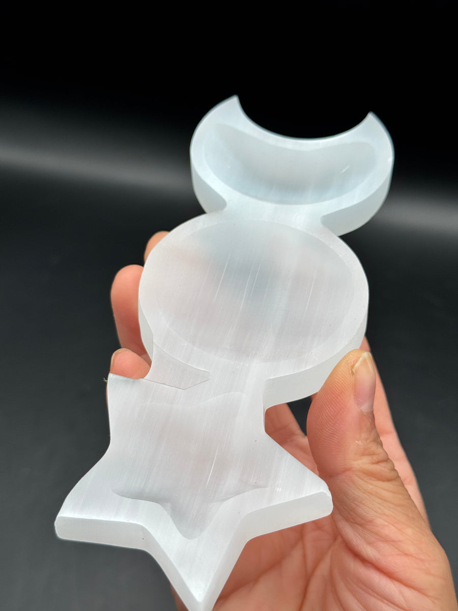 Satin Spar Moon and Star Plate Carving
