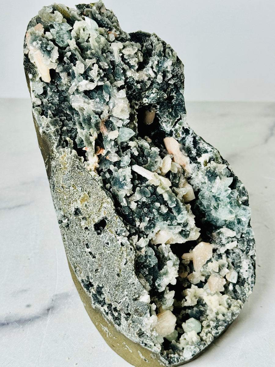 Black Chalcedony with Peach Stilbite, Clear & Green Apophyllite