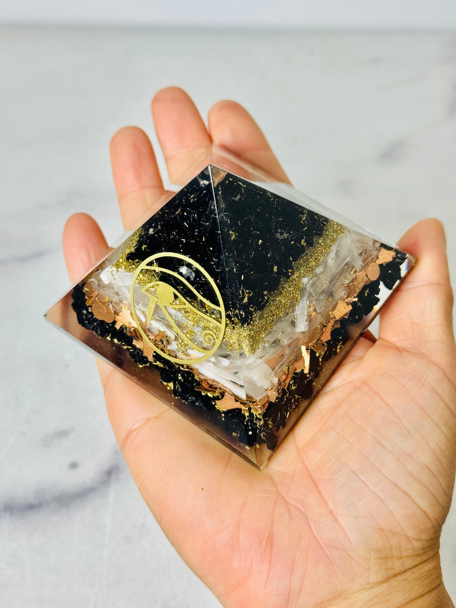 Black Tourmaline, Selenite, Copper & Gold Orgonite