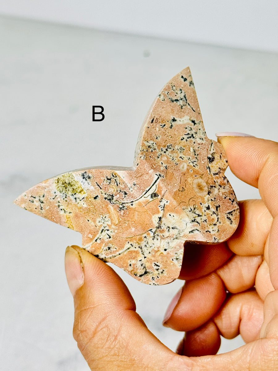 Pink Dendritic Agate 3D Butterfly Carving