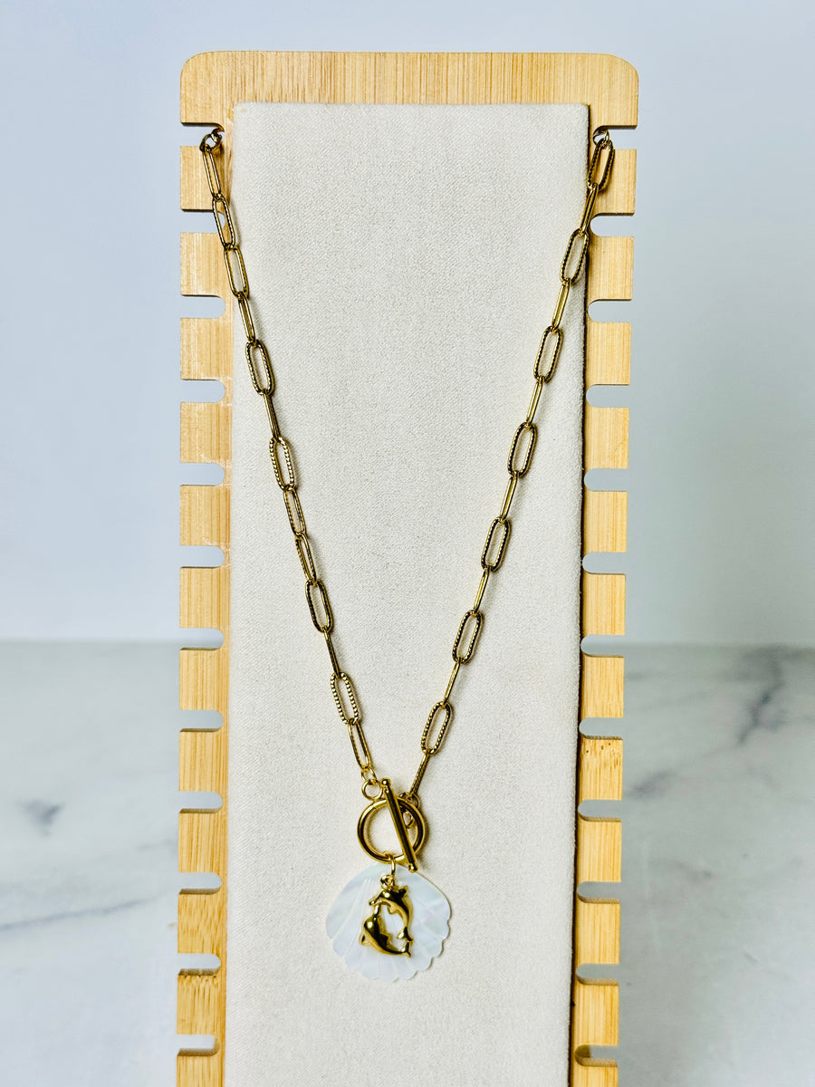 “Ocean Harmony” Gold Plated Dolphin & Mother of Pearl Toggle Necklace