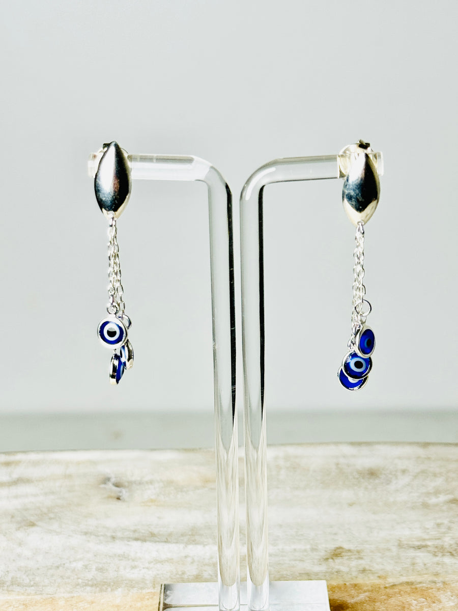 Silver Plated Palladium Navy Blue Evil Eye Chandelier Earrings