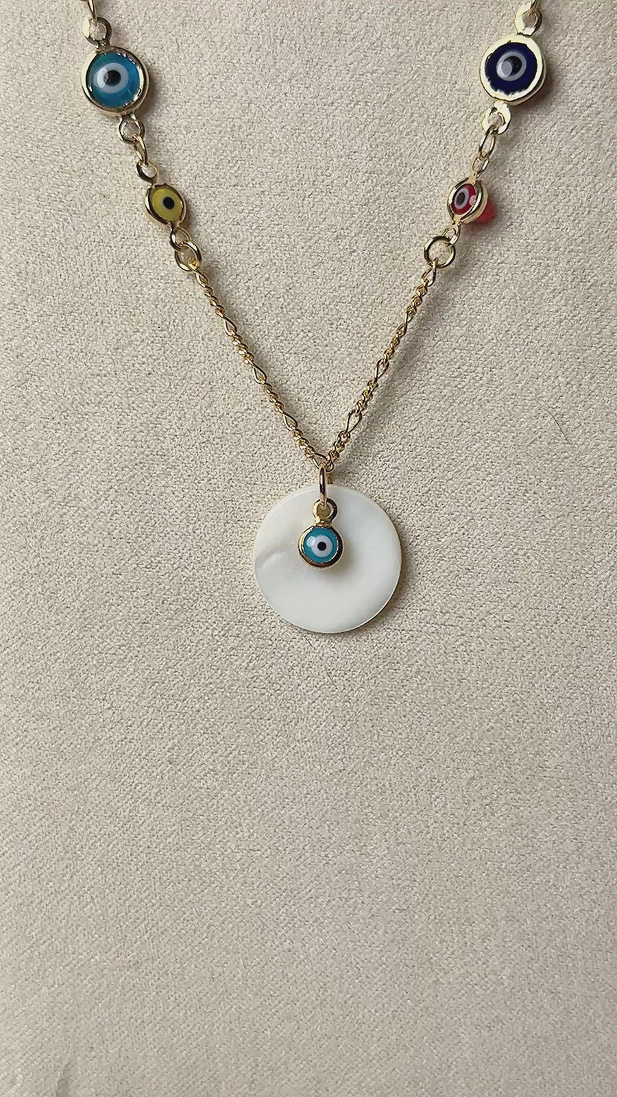 18k Gold Plated Over Palladium Multi-Color Evil Eye Necklace with Mother of Pearl Pendant