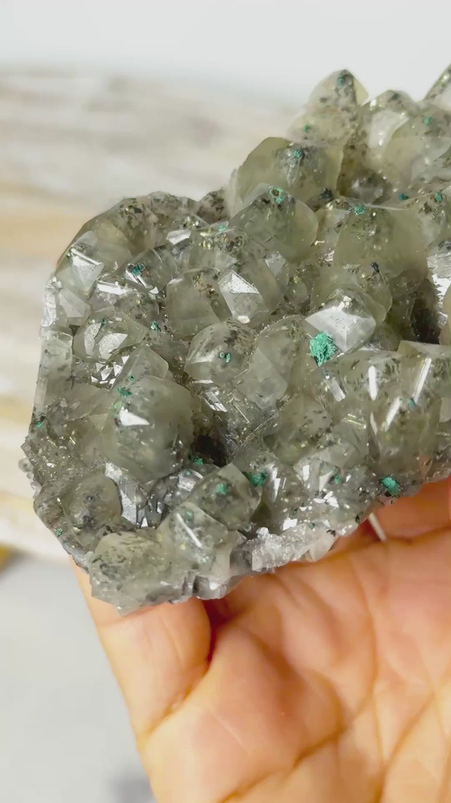 Calcite with Pyrite & Malachite from Henzhan Mine, China